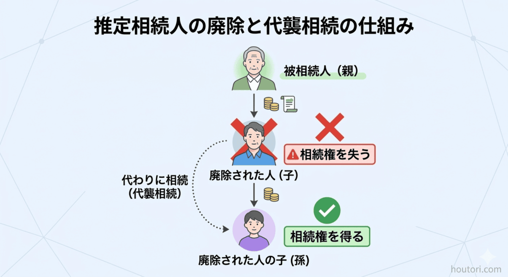 被相続人（親）が子を廃除しても、孫が代襲相続する仕組みを表した家系図