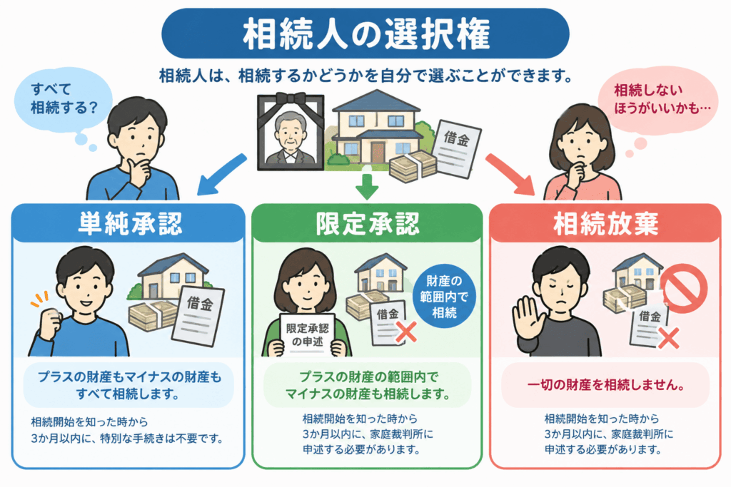 相続人の選択権。単純承認・限定承認・相続放棄の3つの選択肢と、それぞれの相続財産や債務の扱い