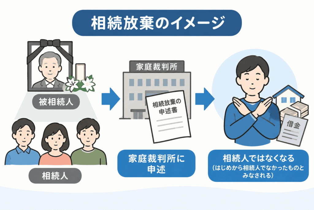 相続放棄のイメージ。被相続人の死亡後、相続人が家庭裁判所に相続放棄を申述し、はじめから相続人ではなかったものとみなされる流れ