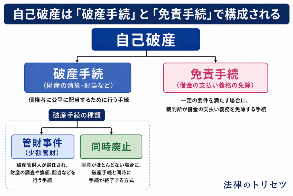 自己破産は破産手続と免責手続で構成され、破産手続には管財事件（少額管財）と同時廃止があることを示した図